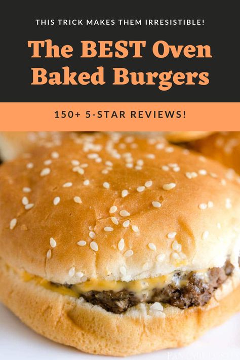 burger on a seeded bun with cheese melted Baking Hamburger Patties Oven, Burgers In The Oven Easy Recipes, Oven Baked Hamburger Patties Ground Beef, Homemade Hamburgers In Oven, Hamburgers Cooked In The Oven, Ways To Cook Hamburger Patties, How To Broil Hamburgers In The Oven, Hamburgers In The Oven Easy, Burger Oven Baked