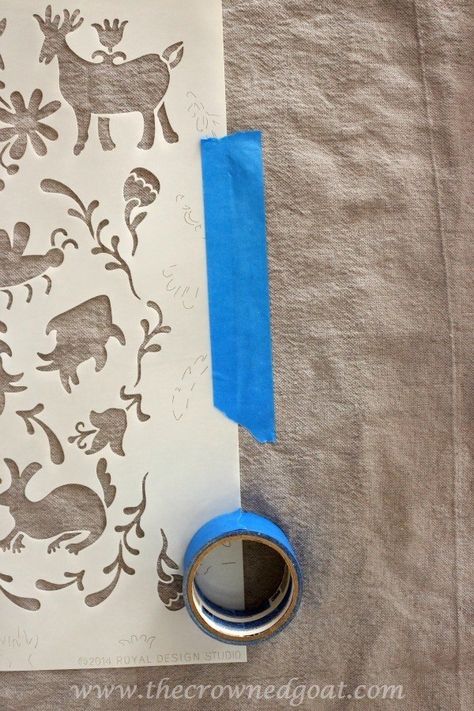 How to Customize Drop Cloth Curtains with Paint & Stencils - The Crowned Goat Stenciled Curtains, Drop Cloth Projects, Sewing Curtains, Canvas Curtains, Sew Curtains, Headboard Curtains, Cloth Curtains, Painted Curtains, Royal Design Studio Stencil