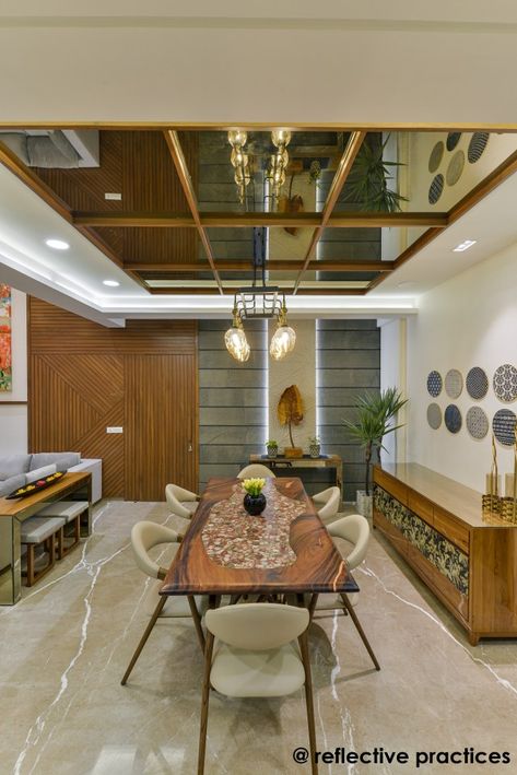 Residence Design with An Asymmetrical Expression | Reflective Practices - The Architects Diary False Ceiling Design Ideas, Ceiling Design Ideas, Dining Interior, House Ceiling Design, Dining Room Ceiling, Hall Interior Design, Ceiling Design Living Room, Ceiling Design Modern, Dining Room Interiors