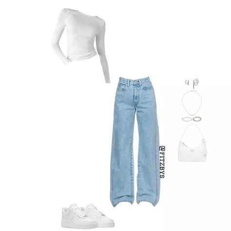 White Top Style, Long White Top Outfit, White Top Outfit For School, Style With Blue Jeans, Outfit With White Long Sleeve, Outfits For Blue Jeans, Styling White Long Sleeve Shirt, Blue And White Casual Outfits, White Sleeves Outfit