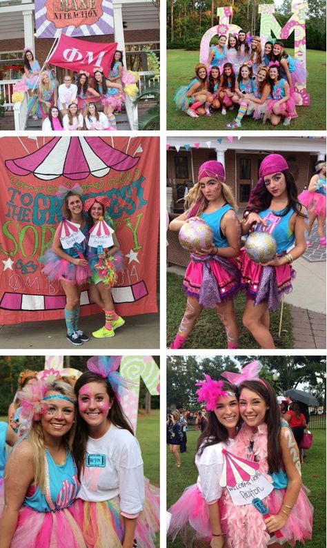 WELCOME to the MAIN ATTRACTION • ΦM • USM! Sorority Recruitment Themes, Aoii Sorority, Sorority Themes, Recruitment Themes, Recruitment Ideas, Halloween Circus, Sorority Ideas, Clown Party, Sorority Sugar