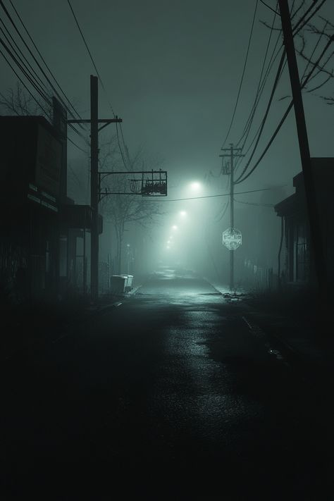 Explore the haunting atmosphere of Silent Hill 2 with this eerie wallpaper, featuring foggy streets and decaying buildings illuminated by moonlight. Silent Hill Atmosphere, Eerie Wallpaper, Silent Hill 2 Wallpaper, Decaying Buildings, Silent Hill Wallpaper, Foggy Street, Silent Hill Aesthetic, Wallpaper Moody, Hill Wallpaper