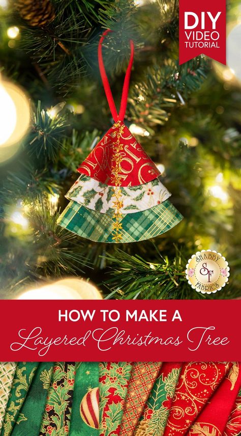 Quilted Christmas Tree Ornaments Diy, Folded Fabric Trees Christmas Diy, Patchwork Christmas Tree Decorations, Layered Christmas Tree Ornament, Christmas Ornaments Fabric Diy, Christmas Ornaments To Make Fabric, Christmas Tree Ornaments Fabric, How To Sew Christmas Ornaments, Fabric Sewn Christmas Trees