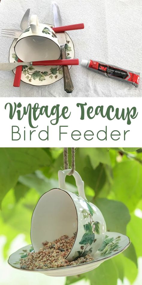 Teacup Bird Feeder Diy, Teacup Birdfeeder, Teacup Bird Feeder, Make A Bird, Make A Bird Feeder, Bird Feeder Craft, Teacup Gardens, Teacup Crafts, Tea Cup Bird Feeder