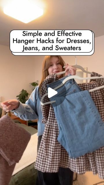 The Spruce on Instagram: "Organize your closet and keep sweaters, dresses, and jeans in great shape with these three clothes hanger hacks. For more clever ways to hang jeans and doable closet organization tricks, tap the link in our bio. ✅️ #thespruce #closet #closetorganization #tipsandtricks #organizationtips #homeorganization #apartmenthacks" Hanging Clothes Hack Tips, How To Hang Multiple Shirts On One Hanger, How To Hang Blue Jeans In Closet, Sweater Hanging Hack, How To Hang A Dress On A Hanger, How To Hang Jumpsuits In Closet, Clothes Hanging Hacks, How To Hang A Sweater On A Hanger, Hanging Sweaters On Hangers