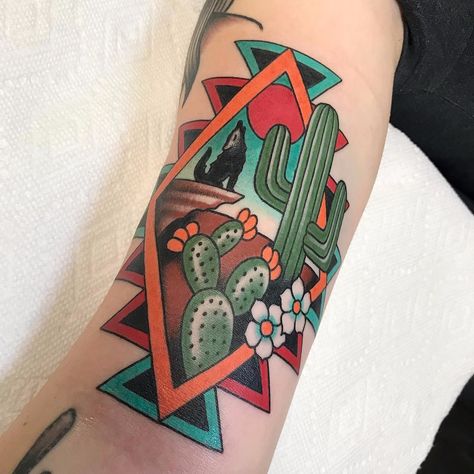 Desert landscape by Gary Gerhardt #GaryGerhardt #traditional #color #desert #cacti #cactus #cactusflower #flowers #sun #coyote #geometric #pattern #tattoooftheday Coyote Tattoo, Desert Tattoo, Arizona Tattoo, Mexican Tattoo, Cactus Tattoo, Native Tattoos, Western Tattoos, Landscape Tattoo, Theme Tattoo