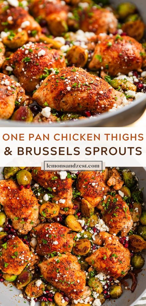 This recipe for One Pan Chicken Thighs and Brussels Sprouts is a weeknight dinner show stopper. Quick and easy to prepare, these flavorful juicy chicken thighs are perfectly seasoned and topped with goat cheese crumbles and pomegranate for a delicious meal! One Pan Chicken Thighs, Roasted Pear Salad, Balsamic Chicken Thighs, Recipe For One, Dinner Show, One Pan Chicken, One Pot Dinners, Balsamic Chicken, Simple Dinner