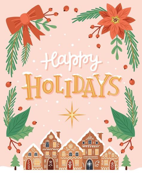 Happy holidays, greeting card with cute gingerbread houses and hand drawn lettering. Vector illustration in flat cartoon style Drawn Gingerbread House, Happy Holidays Graphic, Happy Holidays Typography, Happy Holidays Illustration, Gingerbread House Illustration, Cute Gingerbread Houses, Lake Town, Hand Drawn Lettering, 2024 Christmas