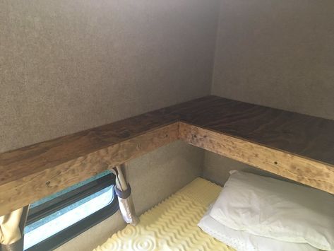 Convert Top Bunk To Storage, Camper Bunk Bed Ideas, Bunkhouse Camper, Bunk Bed Steps, Camper Bunk Beds, Rv Bunk Beds, Corner Bunk Beds, Coffin Shelf, Rv Interior Remodel