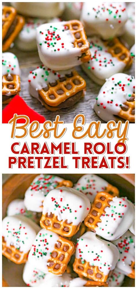 Pretzel And Rolo Treats, Pretzel Flavors, Holiday Pretzel Treats, Pretzel Rolo, Caramel Pretzel Bites, Holiday Pretzels, Christmas Pretzels, Finger Food Ideas, White Chocolate Pretzels