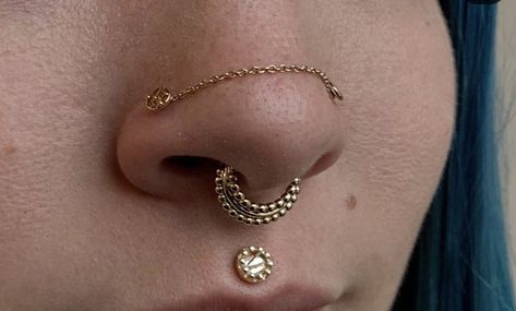 Peircings Name Chart Face, Double Nose Bridge Piercing, Double Nostril Piercing Chain, Nose Piercing Nasallang, Nose Chain Piercing Aesthetic, Nose Bridge Chain, Nose Chain Across Bridge, Nose Piercing Chain Across Nose, Gold Face Piercings