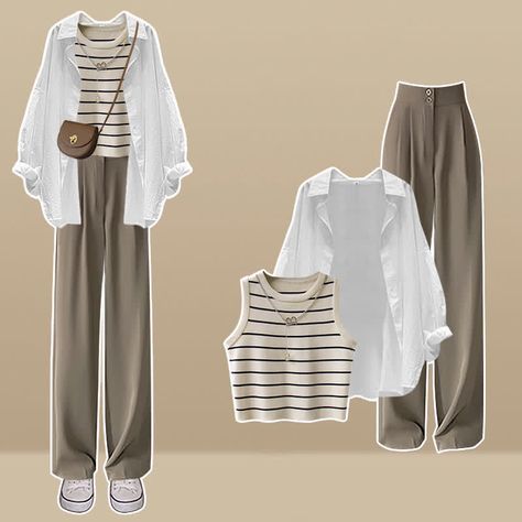 Seluar Slack, Striped Cami Tops, Style Kawaii, High Waist Wide Leg Pants, Casual Shirt Women, Quick Outfits, Ținută Casual, Beautiful Clothes, 가을 패션