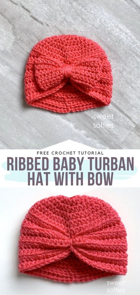 Ribbed Baby Turban Hat with Bow Free Crochet Pattern Wow, this is certainly one of the finest designs for baby hats we have seen this season. Stylish little ladies would never let go of this crochet gem with a fabulous bow on the front. This juicy color is a mixture of red, orange and peach. Yummy! #crochetbabyhat #crochetbabybeanie #freecrochetpattern Crochet Baby Hats Free Pattern, Baby Hat Free Pattern, Crochet Baby Cap, Crochet Turban, Baby Turban Hat, Girls Crochet Hats, Crochet Baby Hat Patterns, Crochet Baby Beanie, Baby Hat Patterns