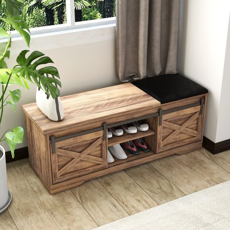 Product name: 47 Inch Modern Farmhouse Style Shoe Bench, Wooden Shoes Shelf Bench with 2 Sliding Doors and Seat Cushion   About this item: Dimensions: 18.7" H x 15.35" D x 47.24" L. Door Bench, Shoe Bench Entryway, Shoe Storage Bench, Rustic Storage, Entryway Storage, Upholstered Storage Bench, Shoe Bench, Bench With Shoe Storage, Shoe Storage Cabinet