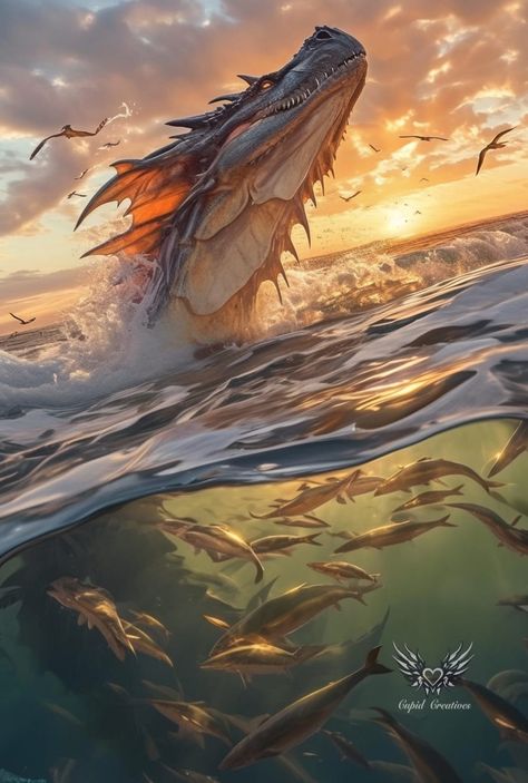 Giant Fish Fantasy Art, Lava Dragon Art, Ocean Dragon Art, Two Legged Dragon, Mythical Sea Creatures Art, Element Dragons, Sea Wyvern, Water Dragon Art, Dragon Swimming