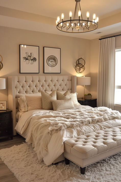 cozy bedroom, cream colors, black framed wall art above the bed, luxurious throw pillows on bed, wood nightstands flank the bed, off white table lamps on the nightstands, circular statement ceiling light above the bed with black accent color, cream colored tufted footrest at the end of the bed, cream colored curtains, soft cream colored rug under the bed Bedroom Decor Furniture, Southern Chic Bedroom, How To Decorate Your Bed, Light Brown Bedroom Ideas, Warm Master Bedrooms Decor, Cozy Bedroom Lighting Ideas, Light Beige Bedroom, Cute Aesthetic Bedroom Ideas, Cozy Bedroom Ideas Aesthetic