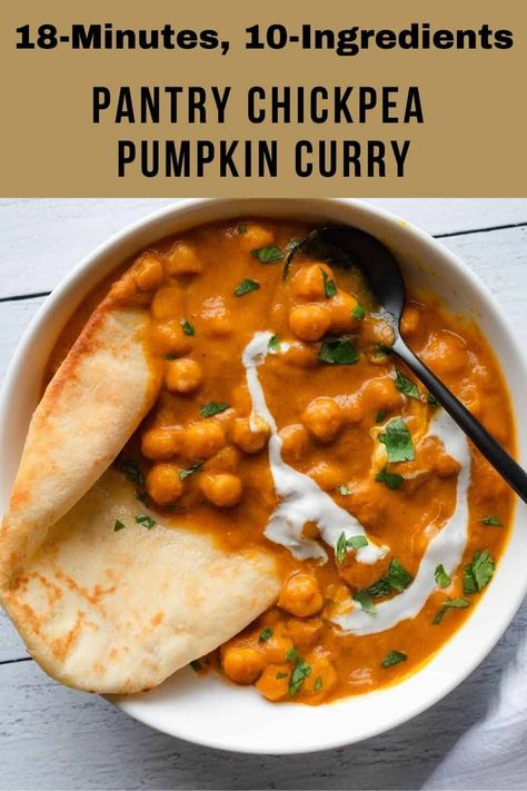 15-minute vegan Pantry Chickpea Pumpkin Curry requires 10-ingredients, and one saucepan to make. An easy & budget-friendly weeknight dinner. Oil-free option. Chickpea Vegan, Chickpea Curry Recipe, Vegan Pantry, Vegan Pumpkin Recipes, Curry Ingredients, Pumpkin Curry, Chickpea Soup, Easy Budget, Chickpea Recipes