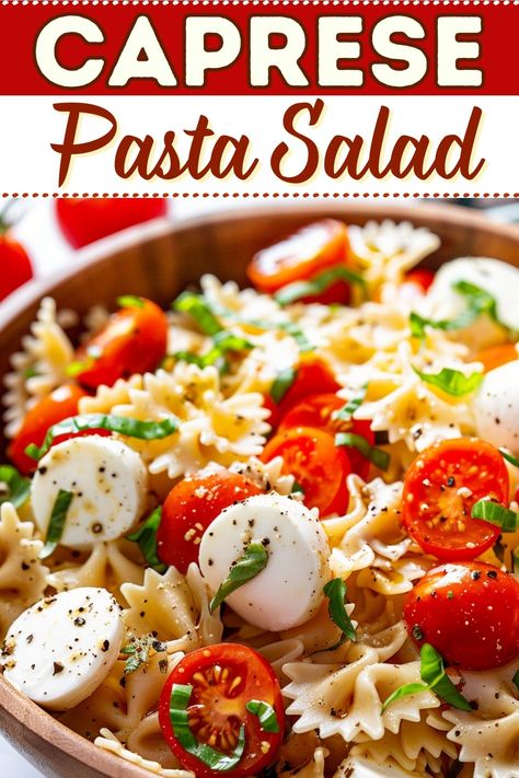 This Caprese pasta salad is full of color and flavor! It has all the classic Caprese elements, including mozzarella, tomatoes, and basil. Pasta Salad Recipes Caprese, Italian Caprese Pasta Salad, Capri Pasta Salad, Caprice Salad Tomato Mozzarella, Mozzarella Recipes Pasta, Tomato With Mozzarella And Basil, Salads With Tomatoes, Pasta Caprese Salad, Tomato Basil Mozzarella Salad