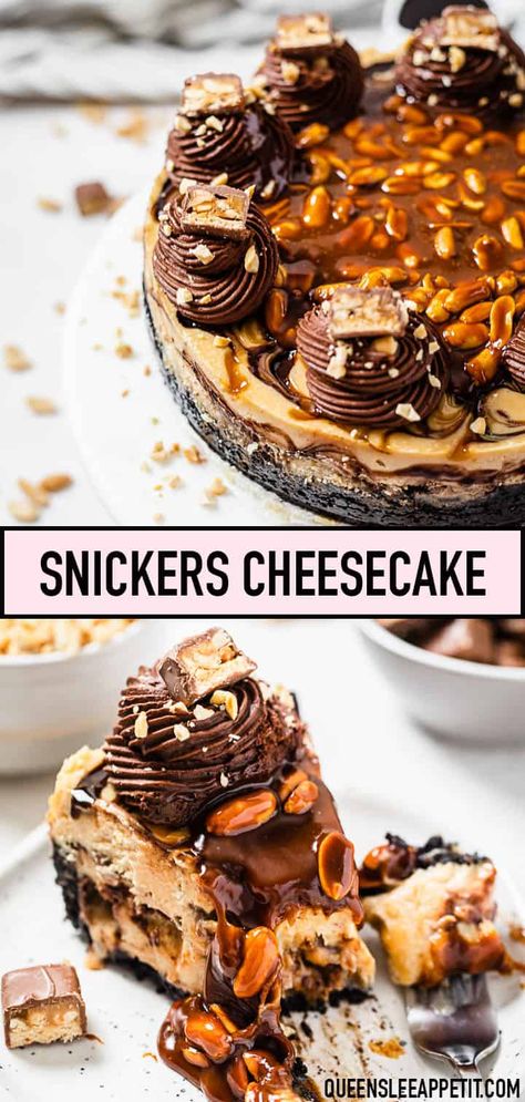 Snickers Cheesecake Recipe, Snickers Cheesecake, Chocolate Ganache Frosting, Baked Cheesecake, Ganache Frosting, Peanut Butter And Chocolate, Peanut Butter Cheesecake, Caramel Cheesecake, Cheesecake Desserts