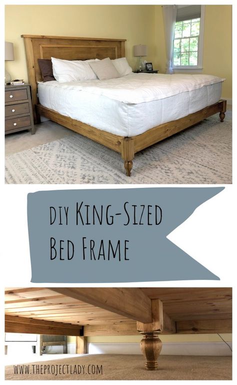 Diy Cal King Bed Frame, Homemade King Size Bed Frame, Bed Frame Diy King, Diy Cali King Bed Frame, Diy Vintage Bed Frame, King Bed Diy, Diy King Bed Frame Plans, California King Bed Frame Diy, King Size Platform Bed Diy