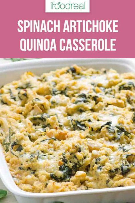 Spinach Artichoke Quinoa Casserole Recipe is packed with vegetarian protein, chock full of vegetables and super easy to make. If you love spinach artichoke dip, you will love this creamy bake. #ifoodreal #cleaneating #healthy #recipe #dinner #casserole #quinoa Artichoke Quinoa, Quinoa Casserole Recipes, Healthy Dinner Casseroles, Vegetarian Casserole Recipes, Delicious Vegetarian Dinner, Quinoa Recipes Healthy, Quinoa Casserole, Vegetarian Casserole, Vegetarian Protein