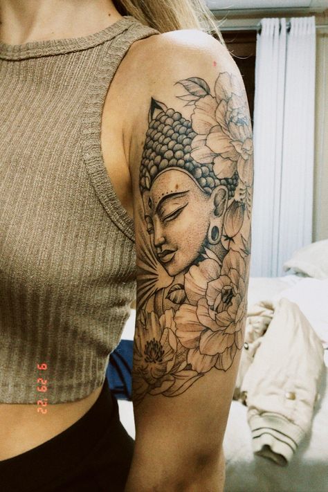 Buddha Woman Tattoo, Sleeve Tattoos For Women Buddha, Zen Tattoo Sleeve For Women, Lotus Flower Buddah Tattoo, Budha Sleeve Tattoo Design, Tara Buddha Tattoo, Vietnamese Buddha Tattoo, Buddah Tattoo Sleeve Women, Buddha With Flowers Tattoo