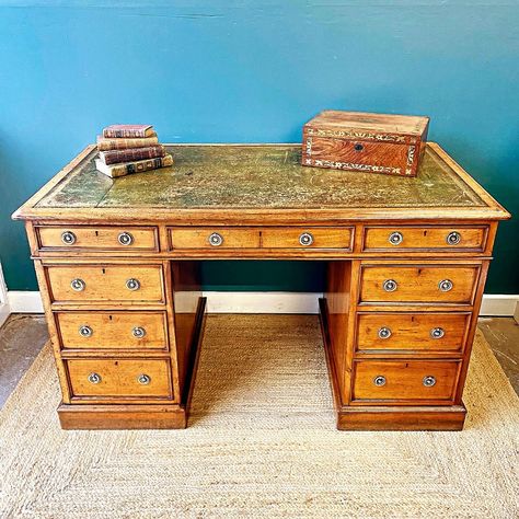 A really good mid 19th century golden walnut pedestal desk. Fantastic green leather and oak drawer linings. With a polished back so that it can be situated anywhere in a room. Height 74cm Width 127cm Depth 68cm Knee hole 60 x 49.5cm #antiquedesk #walnutdesk #antiquefurniture #periodinteriors #decorativeantiques #georgianfurniture #antiques #antiquedealersofinstagram #victorianfurniture #interiordecorators #interiordesign #interiordecoration #antique #countryliving #countryhouseinteriors ... Georgian Furniture, Pedestal Desk, Victorian Furniture, Walnut Desks, Antique Desk, Country Living, Green Leather, Antique Furniture, Instagram A