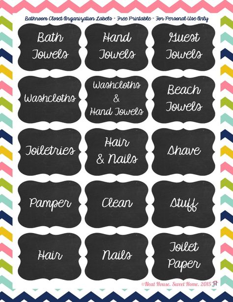 Bathroom Closet Organization Labels Free Printable Closet Labels, Closet Room Organizer, Organization Labels, Bathroom Closet Organization, Bathroom Containers, Bathroom Printables, Dorm Organization, Diy Bathroom Storage, Bathroom Organization Diy