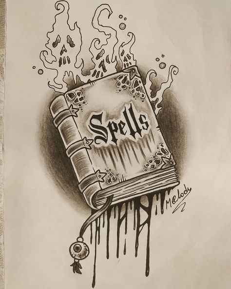 Valkyrink Art on Instagram: “Inktober - Day 6 Spellbook - (Diseño disponible para tatuar) - #spellbook #necronomicon #grimoire #bookofshadows #inktober #inktober2019…” Grimoire Drawing, Spell Book Drawing, Grimoire Tattoo, Spell Book Art, Spell Book Tattoo, Necronomicon Tattoo, Grimoire Art, Witchy Drawings, Witchcraft Tattoos