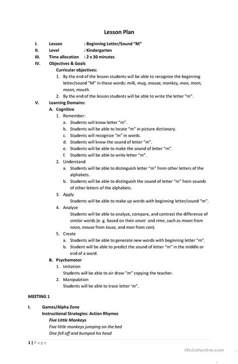 Lesson Plan "M" - English ESL Worksheets for distance learning and physical classrooms Lesson Plan For Kindergarten English, Toddler Lesson Plans, English Teacher Lesson Plans, Alphabet Lesson Plans, Pre K Lesson Plans, Phonics Lesson Plans, Two Letter Words, Preschool Phonics, Lesson Plan Format