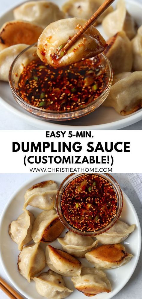 This is the best dumpling sauce made with simple ingredients that is fully customizable! It's easily made in 5 minutes and it will take your dumplings to the next level! Simple Dumpling Sauce, Soup Dumpling Sauce Recipe, Steamed Dumpling Sauce, Soup Dumpling Dipping Sauce, Pork Dumplings Sauce, Dumpling Stir Fry, Soup Dumplings Sauce, Tik Tok Dumplings, Pot Stickers Sauce