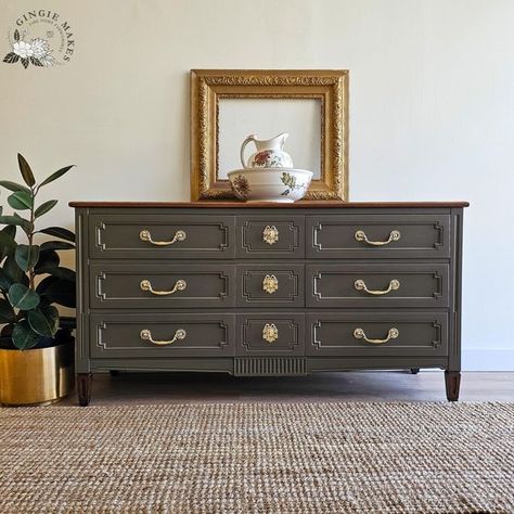 this Cherry triple dresser has had a beautiful update, modernizing the piece while keeping its Provincial charm. The top was brought down to the raw cherry and then stained a rich brown. The body was painted in high quality mineral paint in a stunning neutral with green and brown undertones. . . #solidwood #vintage #modern #restoredfurniture #c #credenza #dyi #shoplocal #DIYFurniture #furniturerefurbishing #furniturerefurbished #furniturerefurbish #furniturerefinishing #furniturerefinish #fu... Cherry Dresser, Triple Dresser, Vintage Dresser, Brown Paint, Painted Dresser, Vintage Dressers, Bedroom Furniture Dresser, Furniture Restoration, Mineral Paint