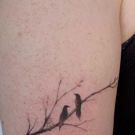 Sabel Lopez on Instagram: "happy Valentine’s Day from these little ravens on a branch 🖤🥀  the coolest first tattoo for Colette! 💖  #birdtattoo #firsttattoo #finelinetattooartist #orlandotattooartist #finelinetattoo #branchtattoo #tree #crowtattoo #raventattoo" 3 Ravens Tattoo, Dainty Raven Tattoo, Raven And Crow Tattoos, Delicate Raven Tattoo, Tattoo Two Birds, Three Crows Tattoo, Raven Tattoo Fine Line, Tiny Raven Tattoo, Minimalist Crow Tattoo