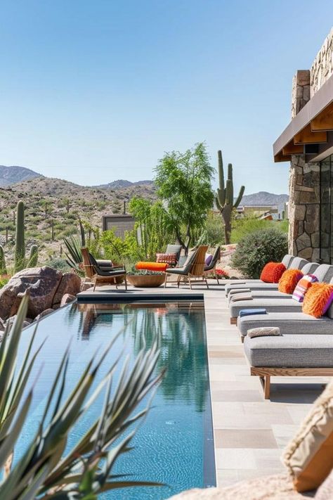 Desert Oasis: Top Arizona Pool Landscaping Ideas Southwest Pool Landscaping, Arizona Pool Landscaping Ideas, Southwest Backyard Ideas, Desert Oasis Home, Desert Pool Landscaping, Spanish Modern Homes, Ranch Backyard, Arizona Backyard Ideas, Pool Styles