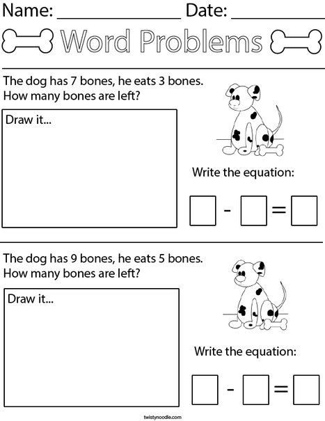 Dog Subtraction Word Problem Math Worksheet - Twisty Noodle Word Problem Subtraction Grade 1, Math Story Problems First Grade, Math Word Problems 1st Grade, Subtraction Word Problems Kindergarten, Subtraction Word Problems Grade 1, Story Problems Kindergarten, Kindergarten Word Problems, Word Problems Kindergarten, Math Worksheets For Kids