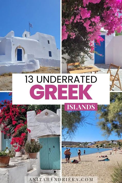 Pin with four images related ot Greek islands and text reading "13 Underrated Greek Islands" in the middle Greece Places To Visit, Greek Islands Vacation, Greek Islands To Visit, Trip To Greece, Best Greek Islands, Places In Greece, Best Vacation Destinations, Greece Travel Guide, Cyclades Islands