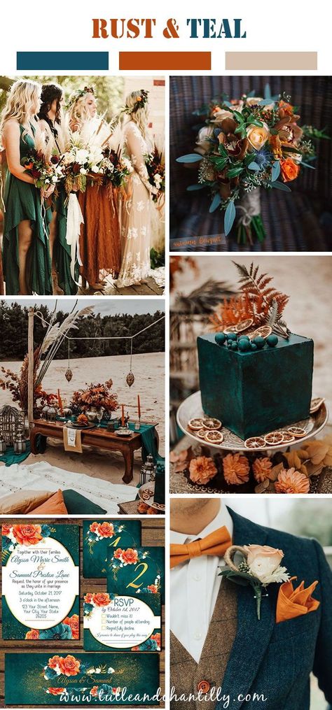 2021 fall wedding color trend, rust and teal wedding color idea#wedding #weddinginspiration ##bridalparty #maidofhonor #weddingideas #weddingcolors #tulleandchantilly #tulleandchantillyweddingblog Boho Wedding Colors, Fall Wedding Color Schemes, Rusting Wedding, Western Themed Wedding, Wedding Color Pallet, Wedding Colour, Wedding Themes Fall, Teal Wedding, Wedding 2025