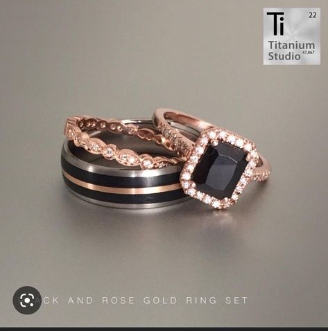 Black Rose Gold Ring, Black Tourmaline Wedding Ring, Black Diamond With Rose Gold, Rose Gold Black Ring, Black Ring With Diamond, Rose Gold Ring With Black Diamond, Rose Gold And Black Diamond Ring, Black His And Hers Wedding Rings, Rose Gold Black Diamond Ring Engagement