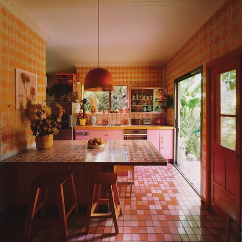 The cutest retro kitchen & home office 🧡🩷🧡 An interior design concept by @badbatch ✨✨✨✨ #interiordesign #conceptart #interiordesignideas #homeofficedecor #homeofficegoals #pinkandorange #pinkaesthetic #orangeinterior #kitcheninspo #retrokitchen #retrohome #retrointeriors #retro #midcenturyhome #midcenturyillustration Neo 70s Interior, Small 70s Kitchen, Atomic Age Interior Design, Retro House Interior, Interior Design Funky, 70s Interior Design Retro, 50s Interior Design, 1960s Interior Design, Retro Library