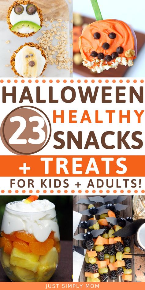 These healthy Halloween treats for adults & kids will be a hit at any party, school gathering, or just as an after school snack. Make their healthy halloween snacks fun and tasty this fall October Treats To Make, October Treats For Kids, Fall Party School Ideas, Halloween Breakfast Ideas For Adults, October Treats For Teachers, Healthy Halloween Party Snacks, Halloween Breakfast Ideas For Kids Easy, Halloween Picnic Food, Halloween Healthy Snacks For Kids