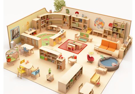 Montessori Daycare Furniture Set – XIHA Montessori Playground Room, Daycare Interior Design, Preschool Room Layout, Montessori Classroom Layout, Preschool Layout, Daycare Layout, Daycare Room Design, Architectural Layout, Rocking Bed