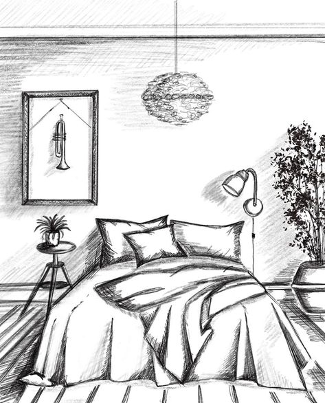 Bed Drawing Side View, Easy Interior Design Sketches, Drawings Of Bedrooms, Room Perspective Drawing Interior Design, Simple Bedroom Drawing, Room Sketches Interior, How To Draw A Bed, 3d Room Drawing, Interior Design Sketches For Beginners