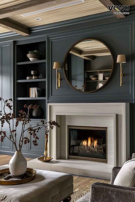 Fireplace With Picture Frame Molding, Wood Molding Fireplace Surround, Dark Builtins Living Room, Picture Molding Around Fireplace, Master Bedrooms Fireplace, Dark Wall With Fireplace, Wall Moulding Around Fireplace, Living Room Vaulted Ceiling Fireplace, Vintage Modern Fireplace