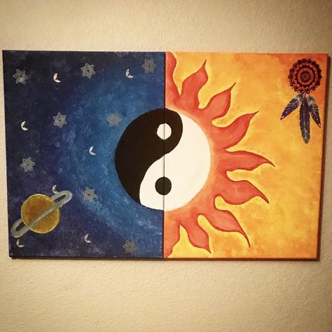 Sun and Moon, Yin Yang Double Canvas DIY Sun Moon Canvas Painting, Ying Yang Painting Canvases, Sun And Moon Painting Canvases Easy, Half And Half Paintings, Yin Yang Painting Canvases, Sun And Moon Painting Easy, Matching Canvas Painting Ideas, Sun And Moon Canvas Painting, Matching Canvas Paintings