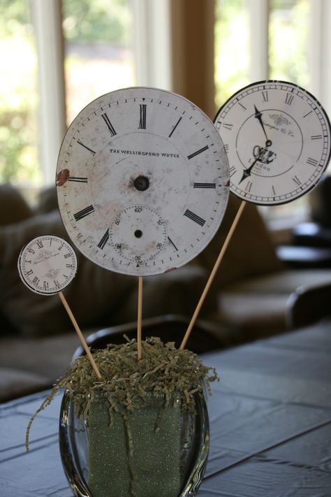 Tick Tock, It’s a Clock Retirement Party… | Weezy's Wonderland Clock Centerpiece Ideas, Time Travel Party Theme, Clock Party Decorations, Off The Clock Retirement Party, Travel Themed Retirement Party, Time Travel Party Decorations, Clock Themed Party Ideas, Clock Party Theme, Retirement Centerpiece Ideas For Women