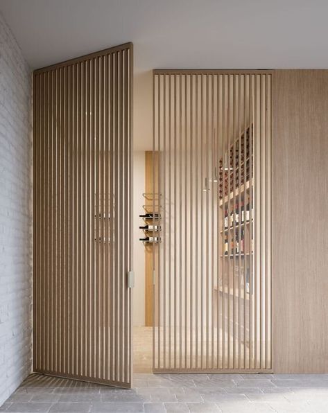 Minimalistic Interior, Wall Trends, Interior Design Per La Casa, Wood Slat Wall, Room Divider Doors, Wood Cladding, Salon Interior Design, Timber Cladding, Pivot Doors