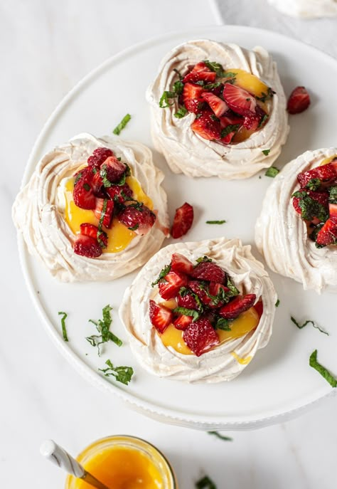 Mini Pavlovas with Lemon Curd Pumpkin Carrot Soup, Lemon Curd Pavlova, Mini Pavlovas, Recipe Using Sourdough Starter, Mini Meringues, Macerated Strawberries, Mini Pavlova, Pavlova Recipe, Curd Recipe