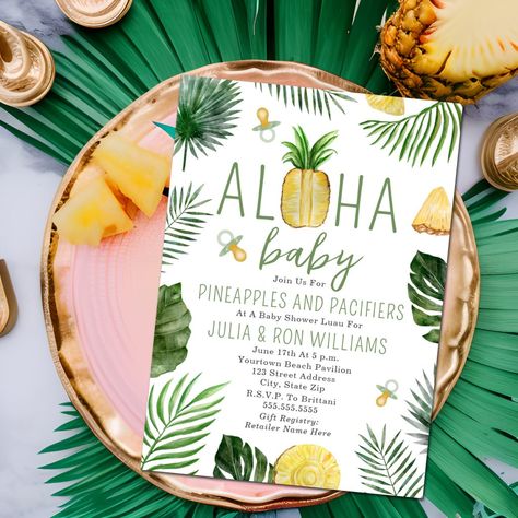 Tropical Baby Shower Girl, Tropical Baby Shower Theme, Hawaiian Baby Showers, Baby Pineapple, Luau Invitations, Luau Baby Showers, Tropical Baby Shower, Luau Theme