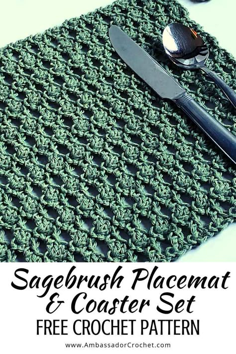 Sagebrush Placemat & Coaster Set Free Crochet Pattern - Ambassador Crochet Crocheted Placemats, Placemat Patterns, Crochet Mug Cozy, Crochet Placemat, Crochet Table Mat, Crochet Placemat Patterns, Kitchen Crochet, Crochet Placemats, Crochet Table Runner Pattern