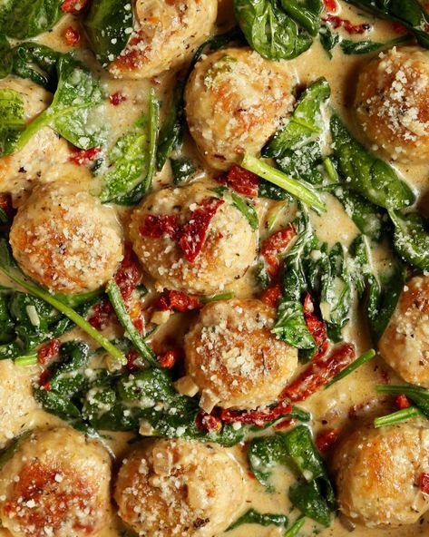 Chicken Florentine Meatballs - Jonathan Melendez Chicken Florentine Meatballs, Chicken And Feta Meatballs, Chicken Feta Meatballs, Healthy Chicken Florentine Recipe, Chicken Mushroom Florentine, Skinnytaste Chicken Florentine, Chicken Florentine, Best Meatballs, Favorite Chicken